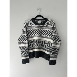 Lucky Brand Women's Wool Blend Crewneck Sweater Black White Geometric Sz  Medium